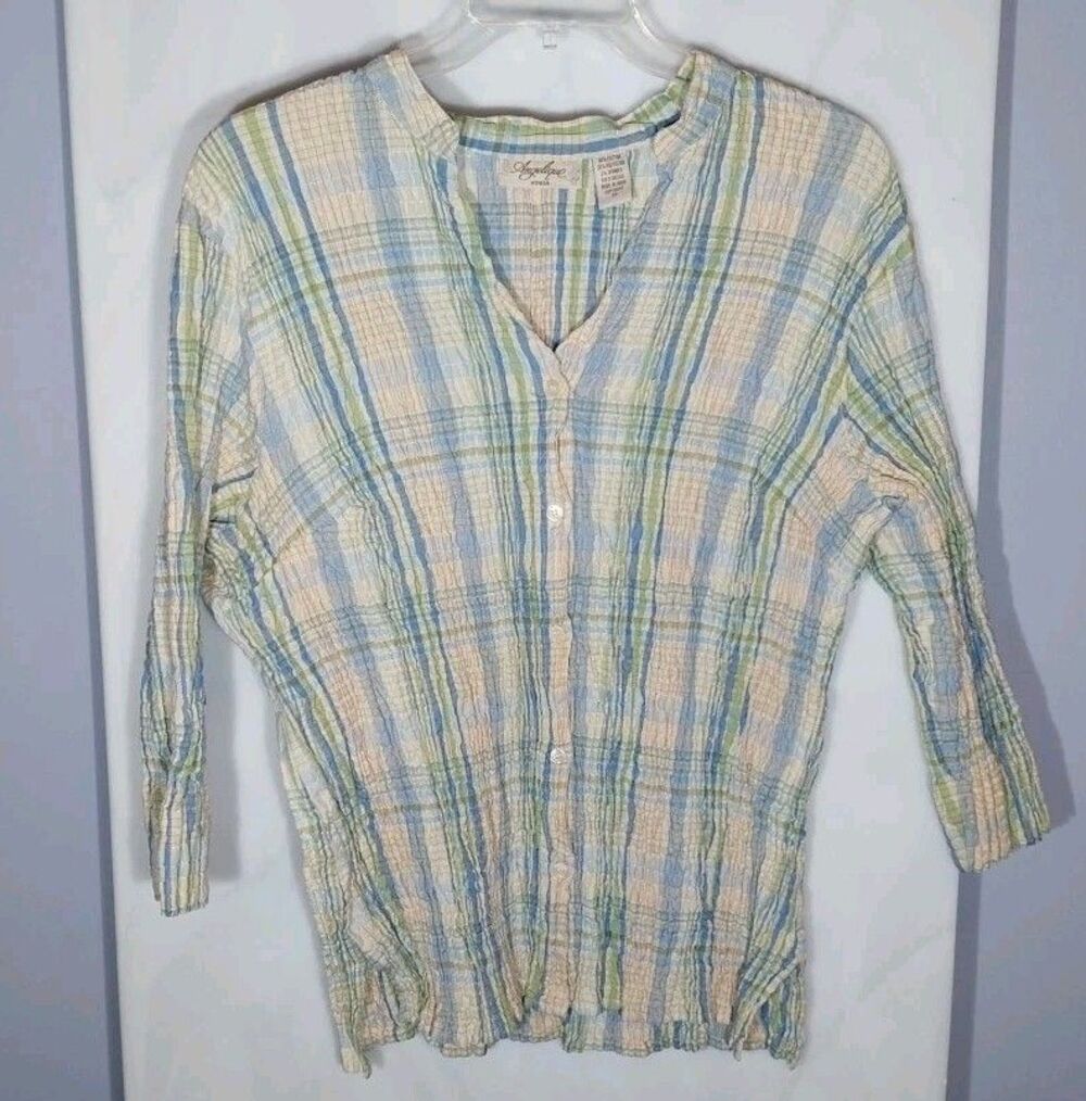 Vintage 90s Seersucker Pastel Plaid Top Womens 3X Crinkle Stretch Button Up Boho